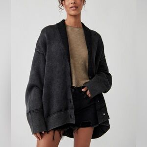 Free People Chamomile Washed Black Dark Gray Chunky Knit Oversized Cardigan